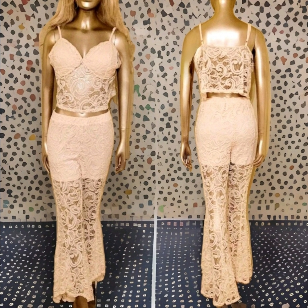 NEW VENUS Ivory Lace Flare Leg 2 Piece Bohemian Festival Beach Pant Set - Picture 16 of 16